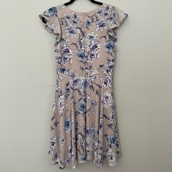 Floral Ruffle V Neck Fit Flare Dress Women Size S Beige Purple Blue - Picture 3 of 6